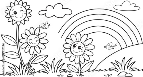 sunflowers in outline form. Line art of sunflowers.