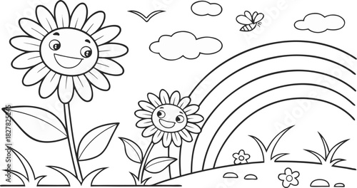 sunflowers in outline form. Line art of sunflowers.