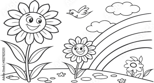 sunflowers in outline form. Line art of sunflowers.