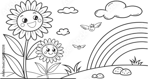 sunflowers in outline form. Line art of sunflowers.