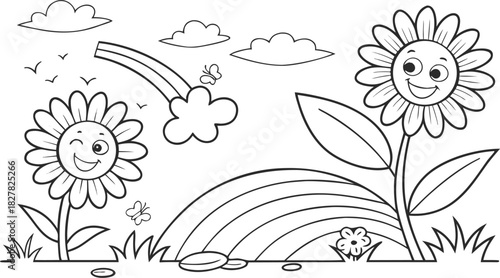 sunflowers in outline form. Line art of sunflowers.