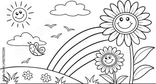 sunflowers in outline form. Line art of sunflowers.