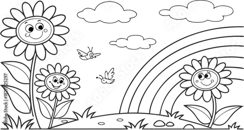 sunflowers in outline form. Line art of sunflowers.