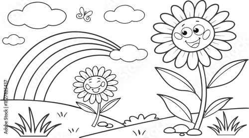 sunflowers in outline form. Line art of sunflowers.