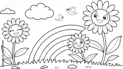 sunflowers in outline form. Line art of sunflowers.