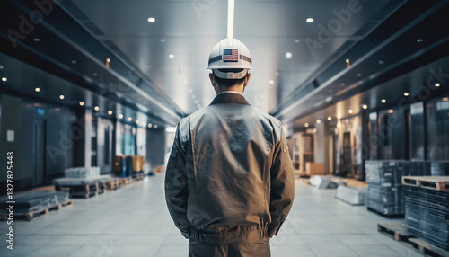 建設現場で作業する日本人作業員の後ろ姿と監督風景