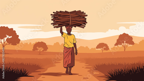 African person carrying firewood for household use. Suitable for everyday living, responsibility, and real-life resilience scenes