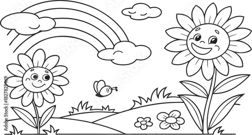 sunflowers in outline form. Line art of sunflowers.