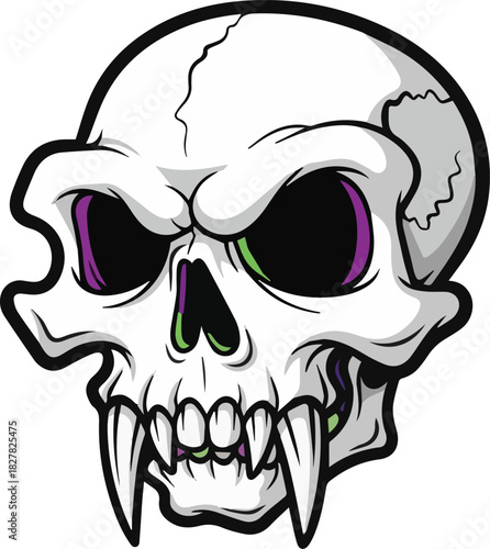 A stylized illustration of a menacing skull with sharp teeth and glowing purple eyes, a symbol of death and danger