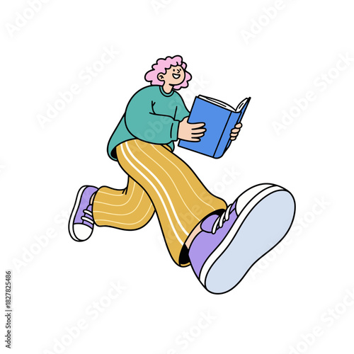 Young Woman Running While Reading a Book, Dynamic Vector Illustration with Exaggerated Perspective on Big Purple Sneakers