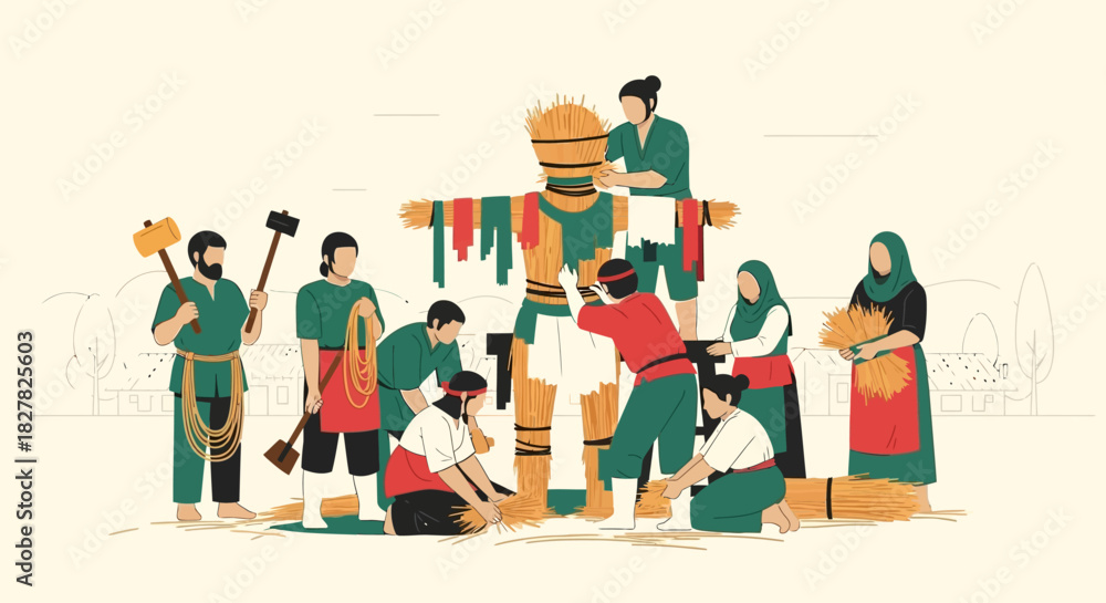 Naklejka premium People decorating a large straw figure, possibly for a festival or celebration.