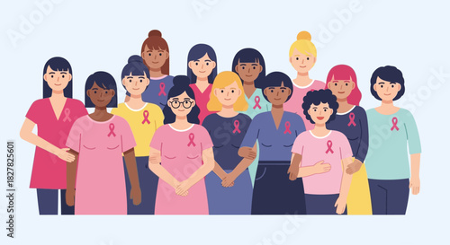 Group of diverse women wearing pink ribbons, symbolizing breast cancer awareness and support.