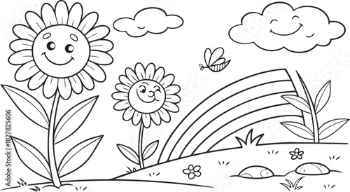 sunflowers in outline form. Line art of sunflowers.