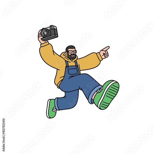 Bearded Cartoon Photographer Character Running and Pointing, Illustrated with Exaggerated Perspective, Vintage Camera, and Trendy Overalls Outfit