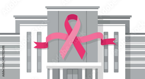 A pink ribbon symbolizing breast cancer awareness is draped across the facade of a modern building.