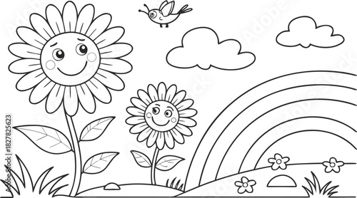 sunflowers in outline form. Line art of sunflowers.