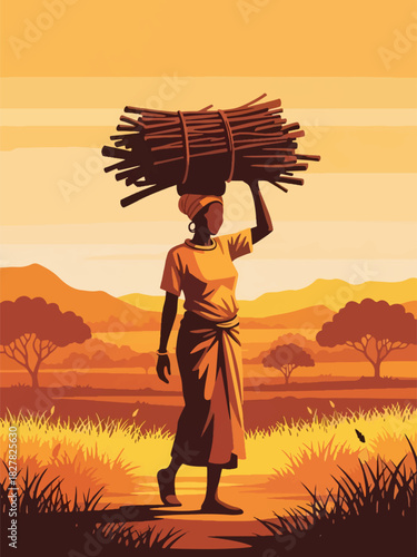 African person carrying firewood for household use. Suitable for everyday living, responsibility, and real-life resilience scenes