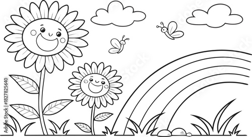 sunflowers in outline form. Line art of sunflowers.