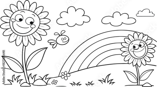 sunflowers in outline form. Line art of sunflowers.