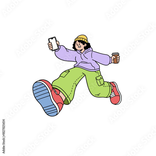Fast-Paced Cartoon Woman Running with Smartphone and Coffee Cup, Illustrated in Exaggerated Perspective with Vibrant Colors and Trendy Casual Clothes