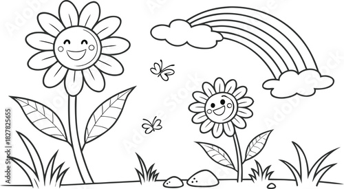 sunflowers in outline form. Line art of sunflowers.