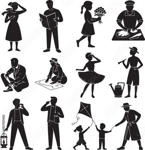 Collection of various people doing diverse activities black and white vector illustration