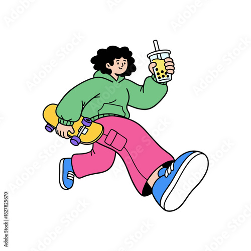 Cartoon Woman with Skateboard and Bubble Tea Running, Illustrated with Exaggerated Perspective, Oversized Shoes, and Colorful, Modern Apparel