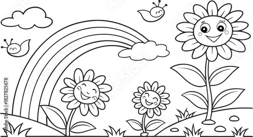 sunflowers in outline form. Line art of sunflowers.