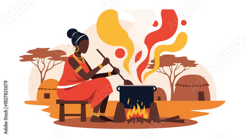 Africa woman preparing a meal using outdoor fire stove. Ideal for traditional cooking, resource-limited living, and family survival themes