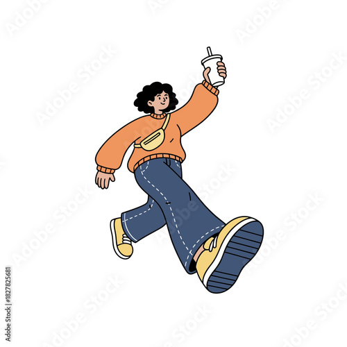 Stylish Cartoon Woman Walking Energetically and Holding a Drink Cup, Featuring Exaggerated Perspective and a Modern Casual Street Style Look