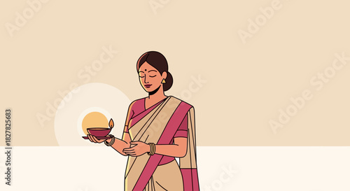 An illustration of an Indian woman holding a lit diya, symbolizing light and spirituality.