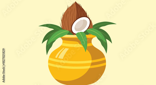 A traditional golden kalash pot adorned with green mango leaves and a whole coconut, symbolizing prosperity and auspiciousness in Hindu culture.