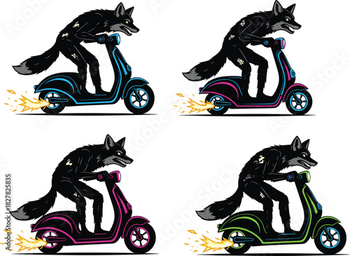 Cartoon humanoid wolf silhouettes riding colorful scooters with sparks and flames, dynamic fantasy animal artwork, vibrant modern vector illustration setCartoon humanoid wolf silhouettes riding 