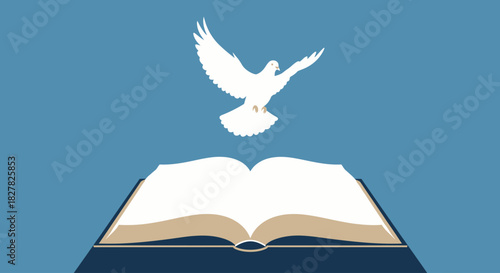 Illustration of a white dove flying above an open book against a blue background.
