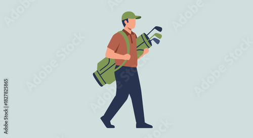 A golfer in a cap and shirt walks carrying a golf bag with clubs over his shoulder.