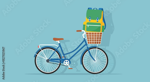A blue bicycle with a wicker basket on the front carrying a green and yellow backpack.