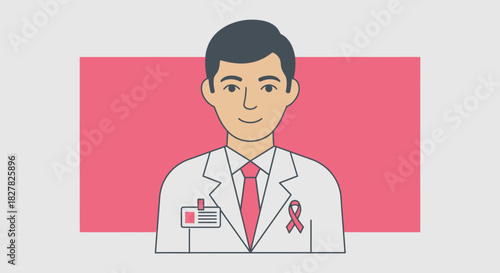 Illustration of a doctor wearing a pink ribbon for breast cancer awareness.