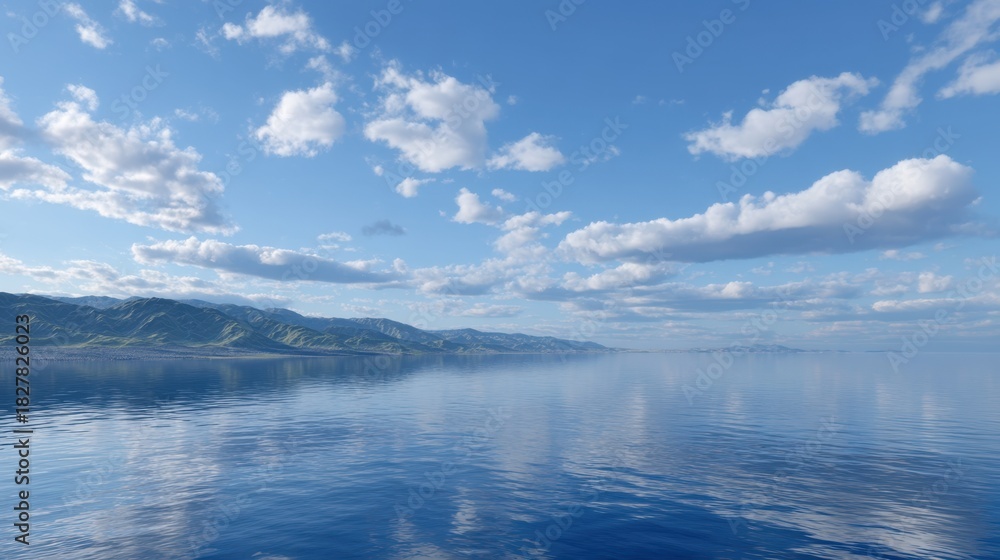 Obraz premium Serene Open Lake with Reflecting Clouds and Gentle Mountain Silhouettes Under Clear Sky