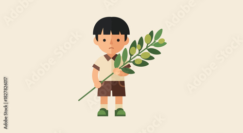 Cute cartoon boy holding a branch with green olives, flat illustration style.