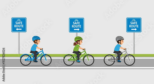 Three people riding bicycles on a road, following safe route signs, wearing helmets.