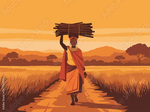 African person carrying firewood for household use. Suitable for everyday living, responsibility, and real-life resilience scenes
