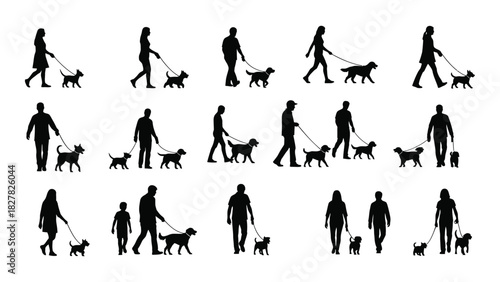 People and dogs walking silhouettes collection isolated on white background, Vector