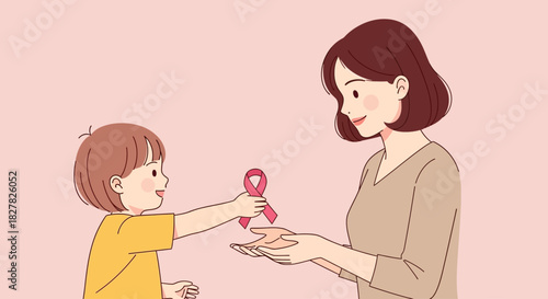 Child giving a pink ribbon to an adult, possibly for breast cancer awareness.