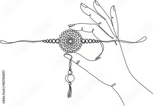 Elegant continuous line art drawing of a hand holding a decorative rakhi bracelet, symbolizing sibling bond