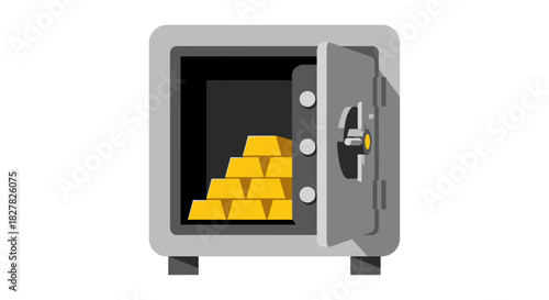 An open grey metal safe revealing a neat stack of shiny gold bars inside.