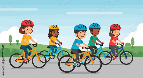 A diverse group of happy children wearing helmets while riding their bicycles together in a park.