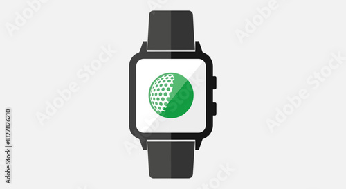 A black smartwatch displaying a green and white golf ball icon on its screen.