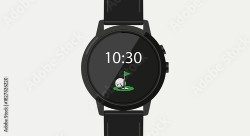A black smartwatch displays a golf-themed watch face with a golf ball on a tee and a flag on a green.