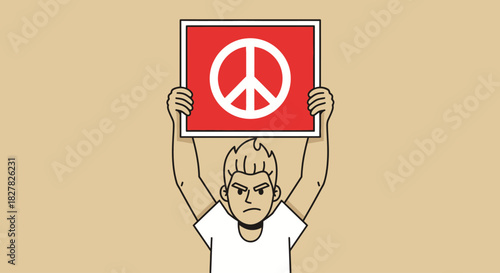 Illustration of a person holding a sign with a peace symbol, advocating for peace.
