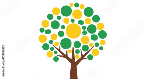 A stylized illustration of a tree with a canopy made of numerous green and yellow circles of varying sizes.